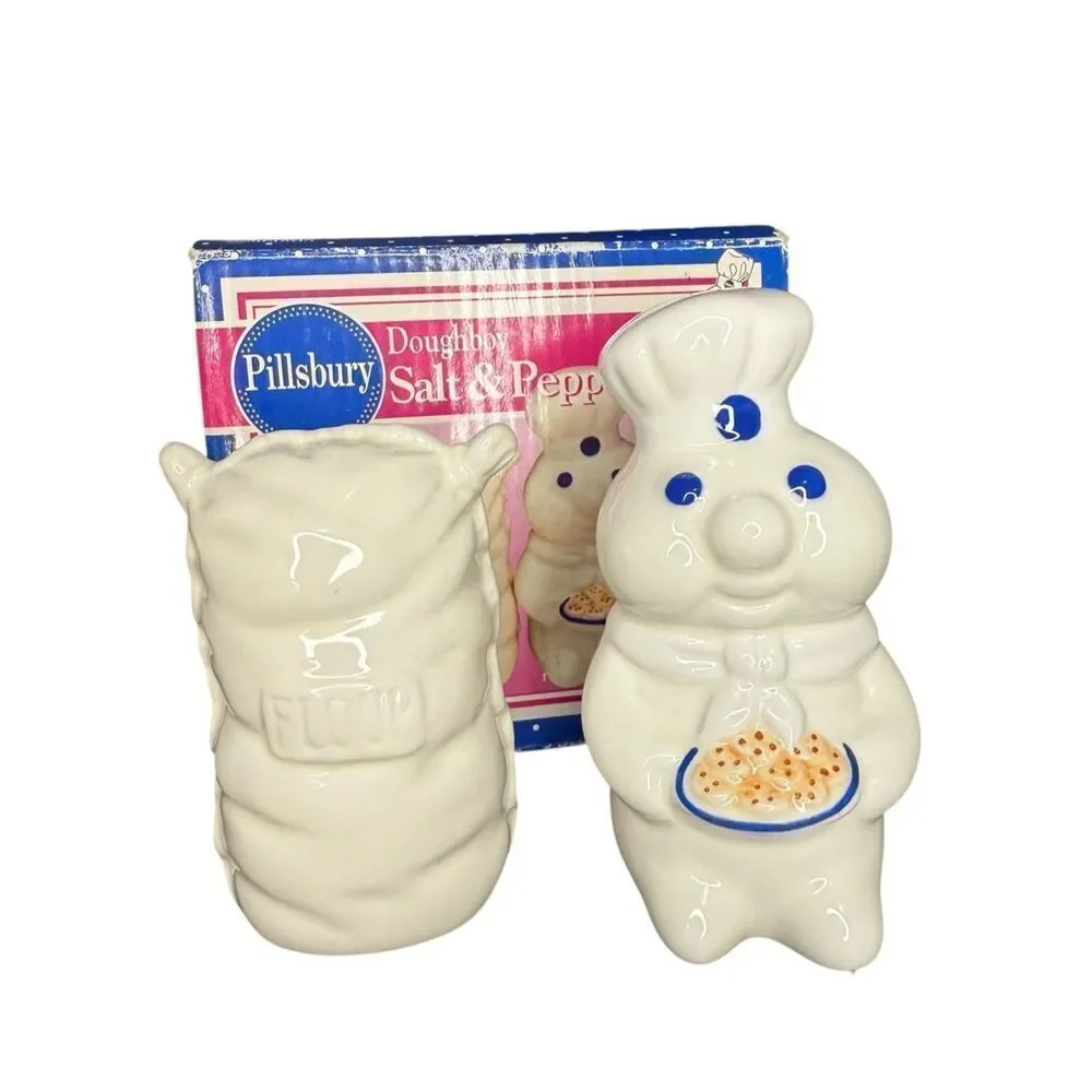 Vintage Pillsbury Doughboy & Flour Sack Ceramic‎ Salt & Pepper Shakers 1998 NEW